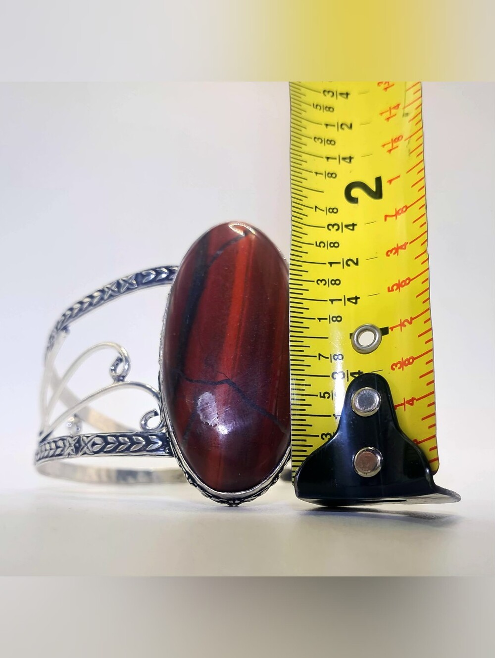 Vintage 925 Sterling Silver Red Tiger's Eye Oval Statement Cuff Bracelet - Picture 9 of 11